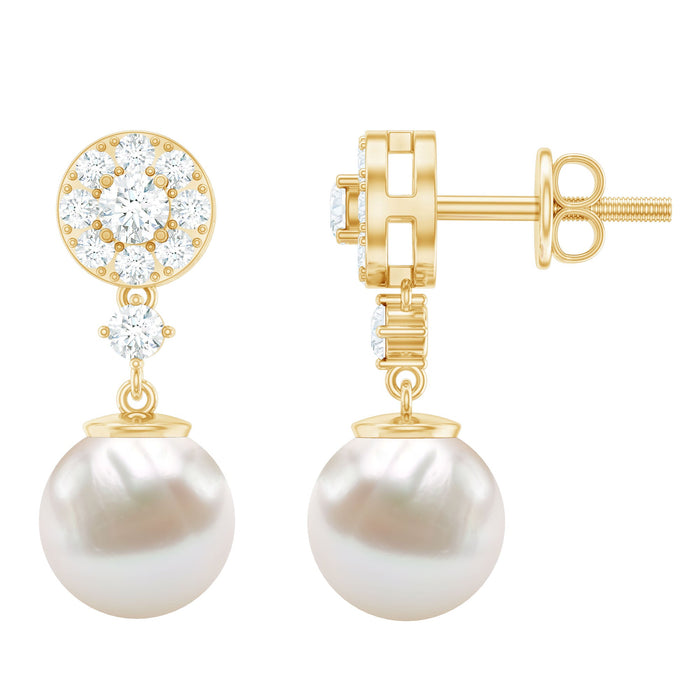 Genuine 6-carat freshwater cultured pearl drop earrings with diamonds by Rosec Jewels, featuring elegant, shimmering pearl and diamond accents.
