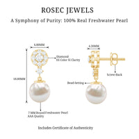 Genuine 6 Carat Freshwater Cultured Pearl Drop Earrings with Diamonds