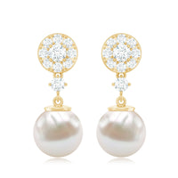 Genuine 6 Carat Freshwater Cultured Pearl Drop Earrings with Diamonds