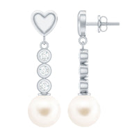 Genuine 6 Carat Freshwater Pearl and Diamond Dangle Earrings