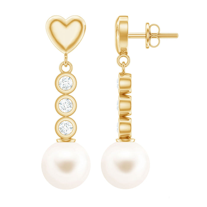 Genuine 6 carat freshwater pearl and diamond dangle earrings by Rosec Jewels showcasing elegant pearl and sparkling diamond details.