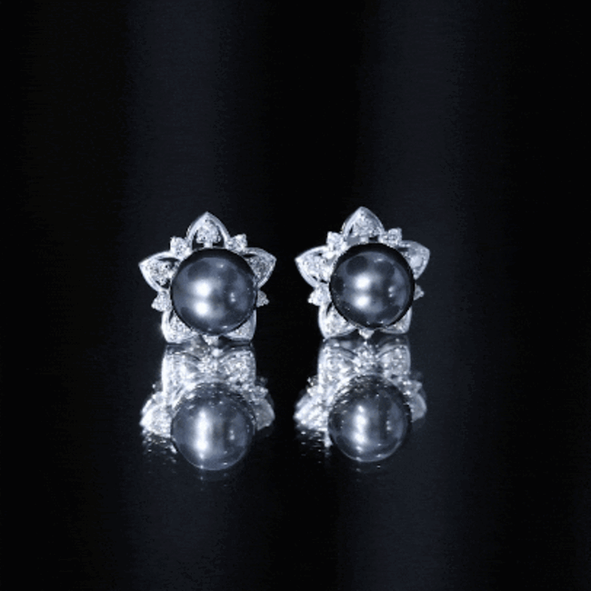 Genuine Tahitian black pearl and diamond flower stud earrings by Rosec Jewels, featuring elegant pearl and sparkling diamonds.