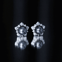 Genuine Tahitian black pearl and diamond flower stud earrings by Rosec Jewels featuring elegant jewelry design.