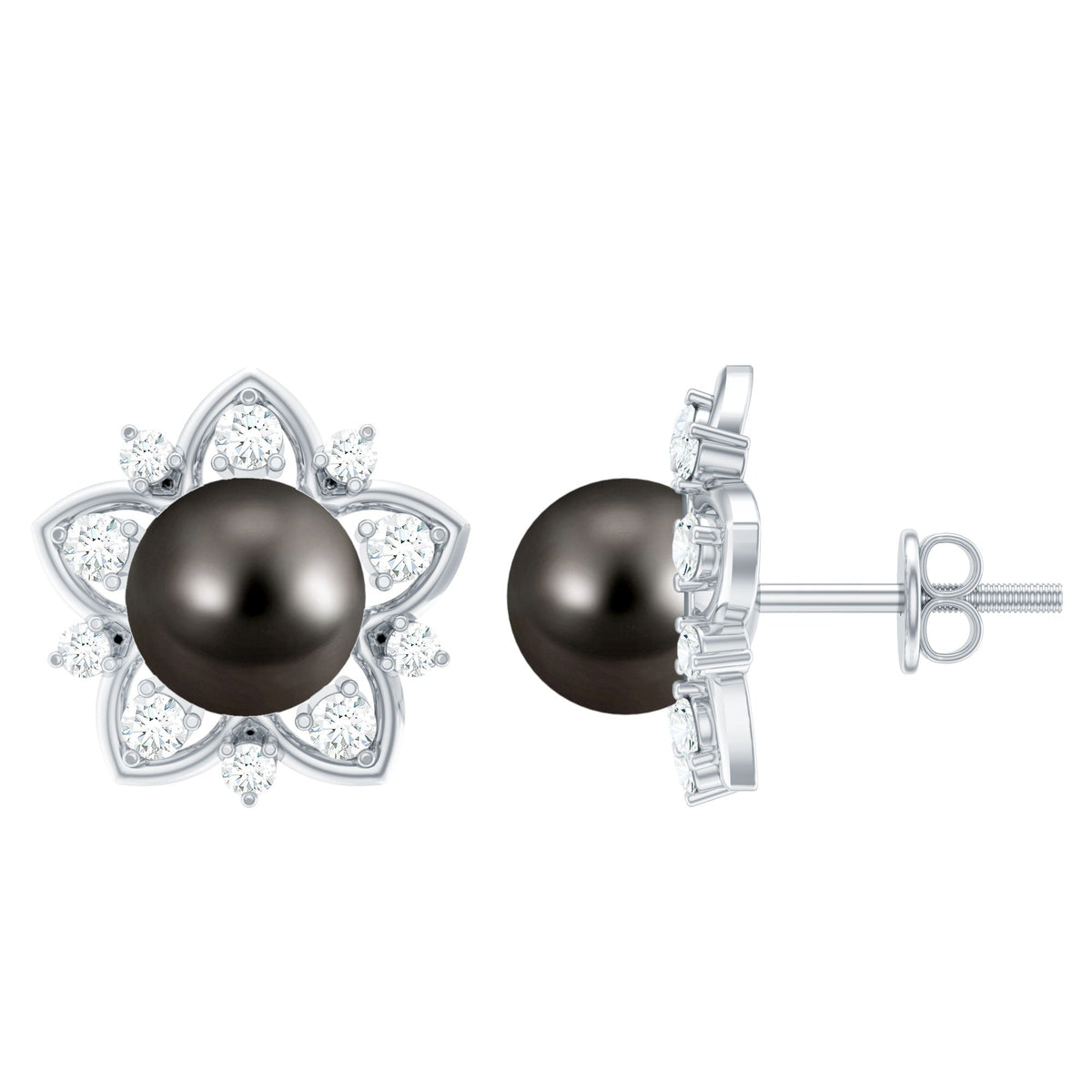 Genuine Tahitian black pearl and diamond flower stud earrings by Rosec Jewels, featuring elegant black pearls and sparkling diamonds.