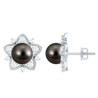 Genuine Tahitian black pearl and diamond flower stud earrings by Rosec Jewels, featuring elegant black pearls and sparkling diamonds.