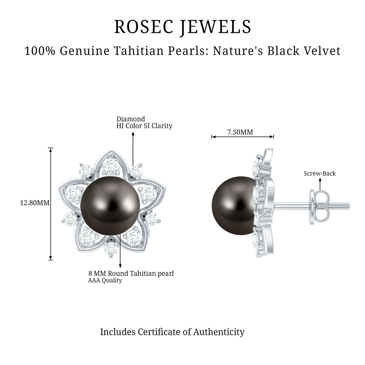 Genuine Tahitian black pearl and diamond flower stud earrings by Rosec Jewels, featuring elegant black pearls and sparkling diamonds.