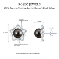 Genuine Tahitian black pearl and diamond flower stud earrings by Rosec Jewels, featuring elegant black pearls and sparkling diamonds.