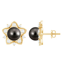 Genuine Tahitian black pearl and diamond flower stud earrings by Rosec Jewels, featuring elegant black pearls with sparkling diamonds.