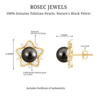 Genuine Tahitian black pearl and diamond flower stud earrings by Rosec Jewels with gold settings, elegant jewelry design.