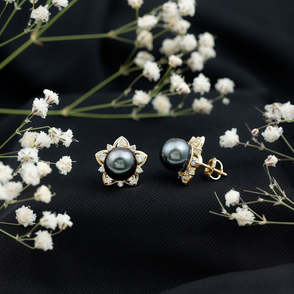 Genuine Tahitian black pearl and diamond flower stud earrings by Rosec Jewels featuring elegant jewelry design.