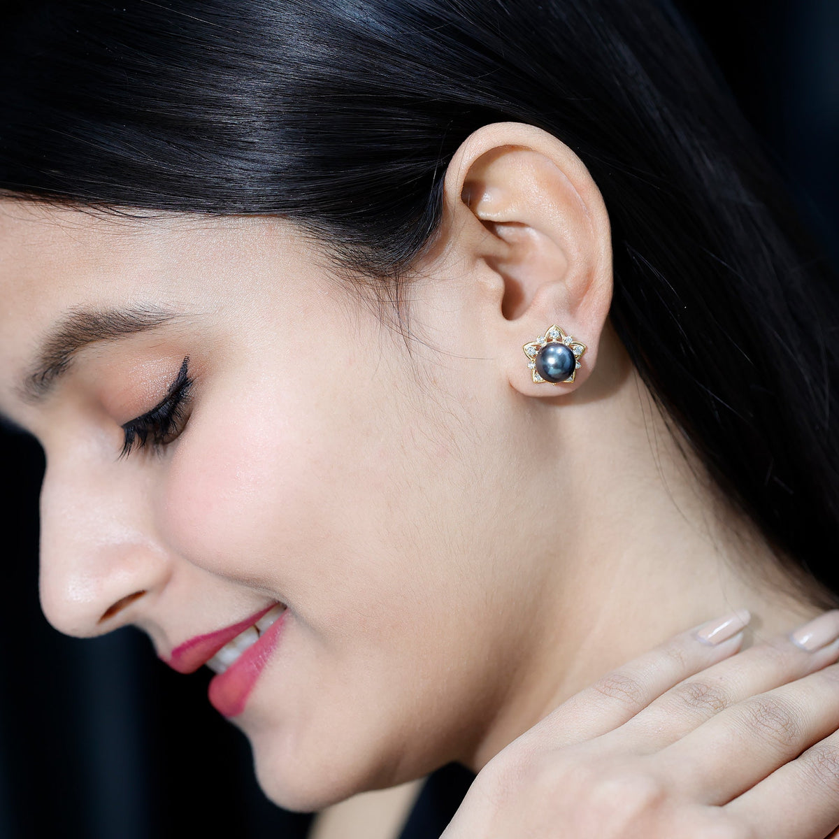 Genuine Tahitian black pearl and diamond flower stud earrings by Rosec Jewels, featuring elegant pearl and sparkling diamonds.