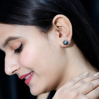 Genuine Tahitian black pearl and diamond flower stud earrings by Rosec Jewels, featuring elegant pearl and sparkling diamonds.