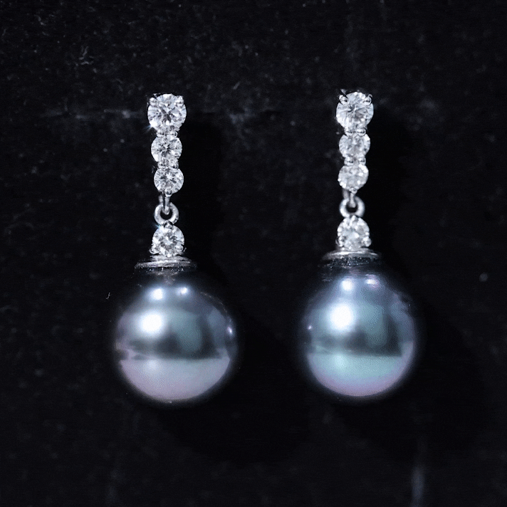 Yellow gold drop earrings featuring certified Tahitian black pearls and diamond accents by Rosec Jewels