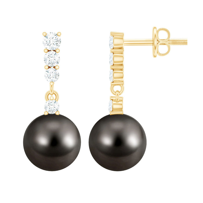 Certified Tahitian black pearl drop earrings with diamonds, elegant jewelry by Rosec Jewels, showcasing black pearls and sparkling diamond accents.