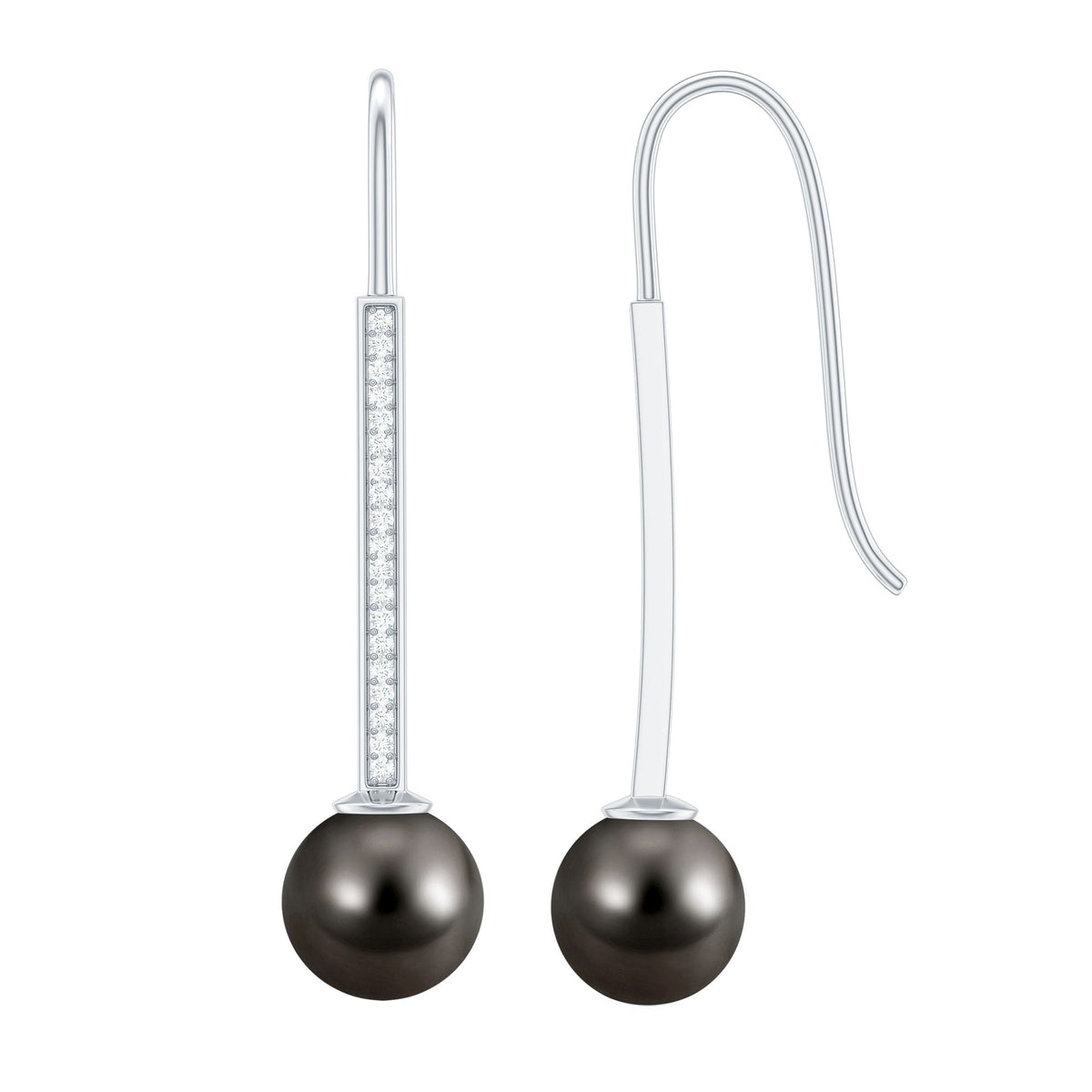 Genuine 15 CT Tahitian Black Pearl and Diamond Dangle Drop Earrings
