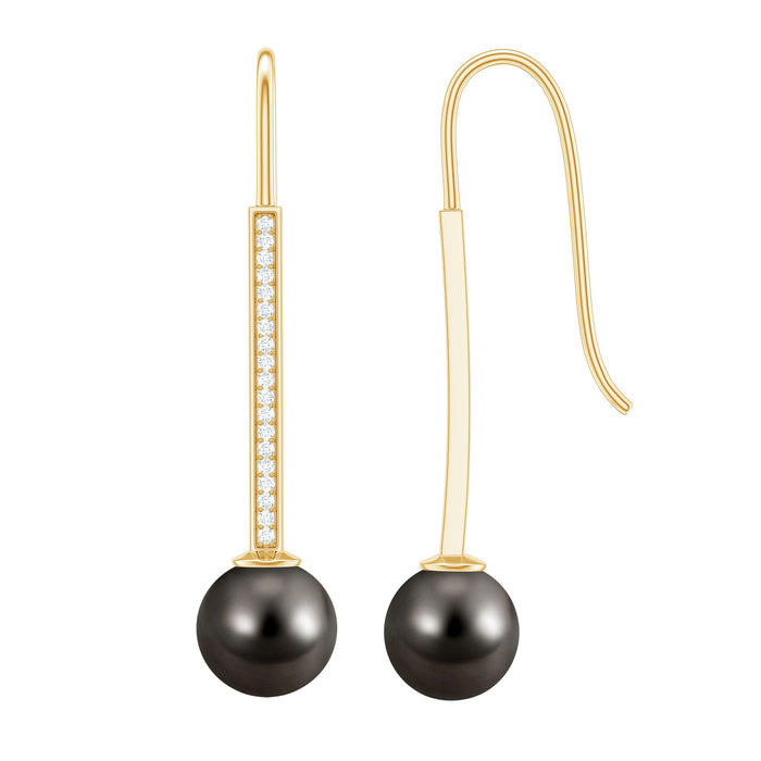 Genuine 15 CT Tahitian black pearl and diamond dangle earrings by Rosec Jewels featuring elegant drop design.