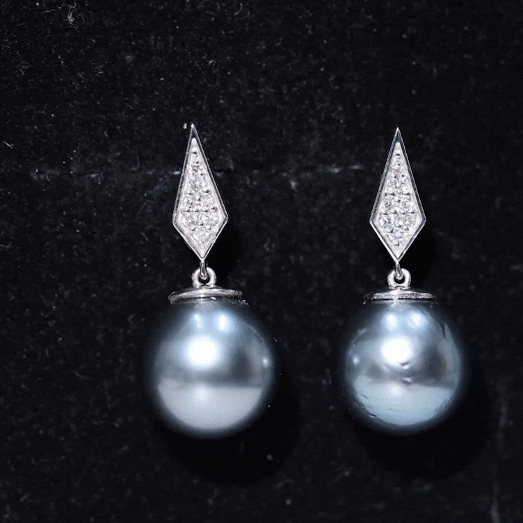 Art Deco Tahitian Pearl and Diamond drop earrings by Rosec Jewels showcasing yellow gold setting and elegant design