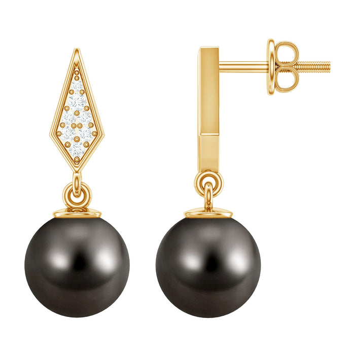 Art Deco Tahitian pearl and diamond drop earrings by Rosec Jewels, featuring elegant pearl and sparkling diamond accents.