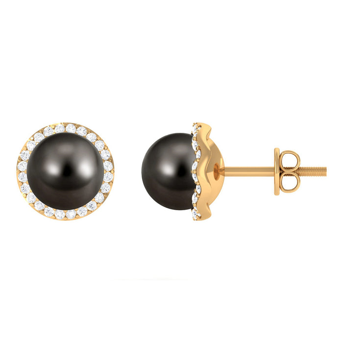 Black pearl and diamond halo stud earrings by Rosec Jewels featuring 15-carat black pearls and sparkling diamond accents.