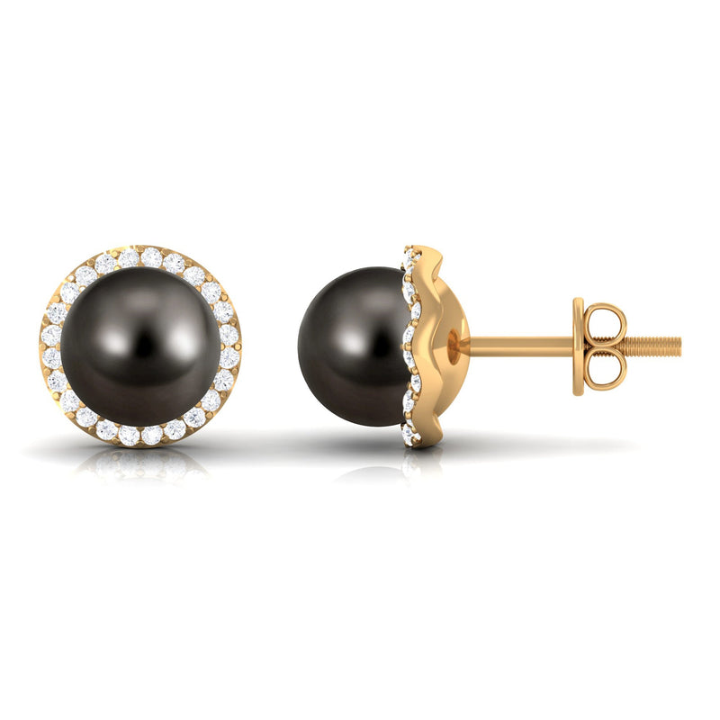Rosec Jewels 15-carat black pearl and diamond halo stud earrings, showcasing elegant jewelry design and sparkling gemstone details.