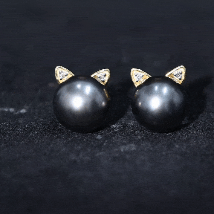 Natural black pearl Hello Kitty earrings by Rosec Jewels featuring a cute Hello Kitty design and certificate of authenticity.