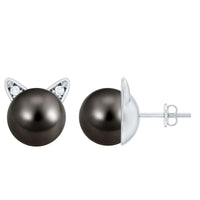 Natural black pearl Hello Kitty earrings by Rosec Jewels with certificate, featuring cute Hello Kitty design and sterling silver setting.