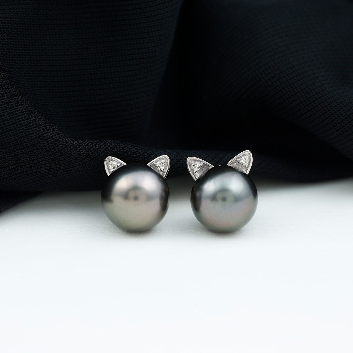 Natural black pearl Hello Kitty earrings by Rosec Jewels featuring elegant pearl studs with certificate of authenticity.