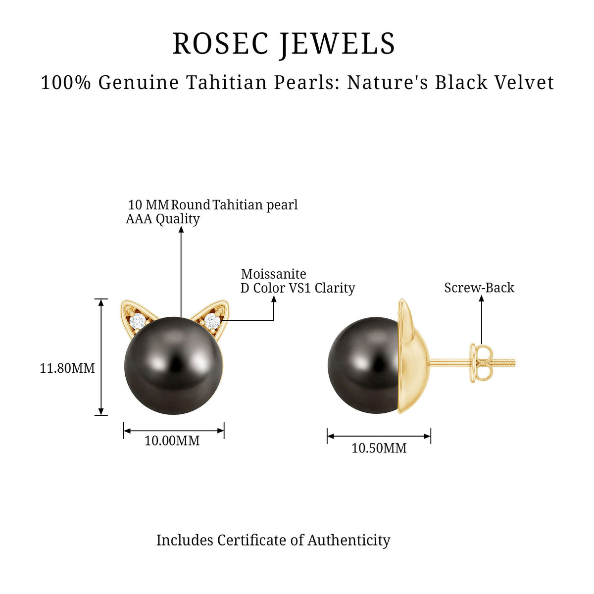 Rosec Jewels Natural Black Pearl Hello Kitty earrings with certificate, featuring cute Hello Kitty design and black pearl accents.
