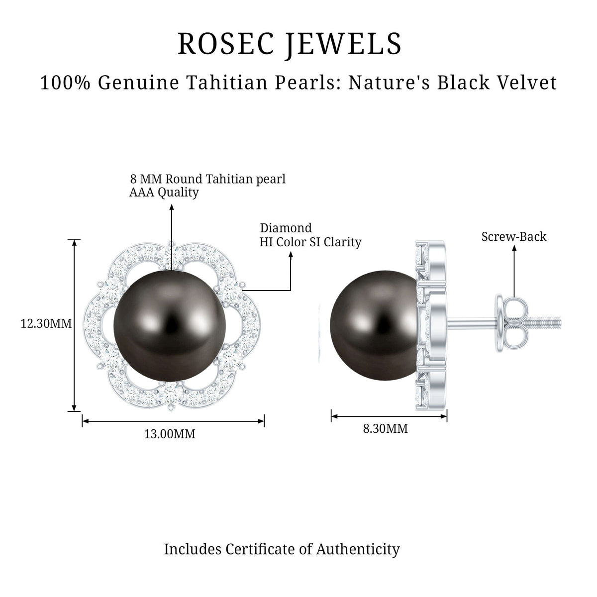 Tahitian black pearl and diamond flower stud earrings by Rosec Jewels, showcasing elegant jewelry design with pearls and sparkling diamonds.