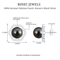Tahitian black pearl and diamond flower stud earrings by Rosec Jewels, showcasing elegant jewelry design with pearls and sparkling diamonds.