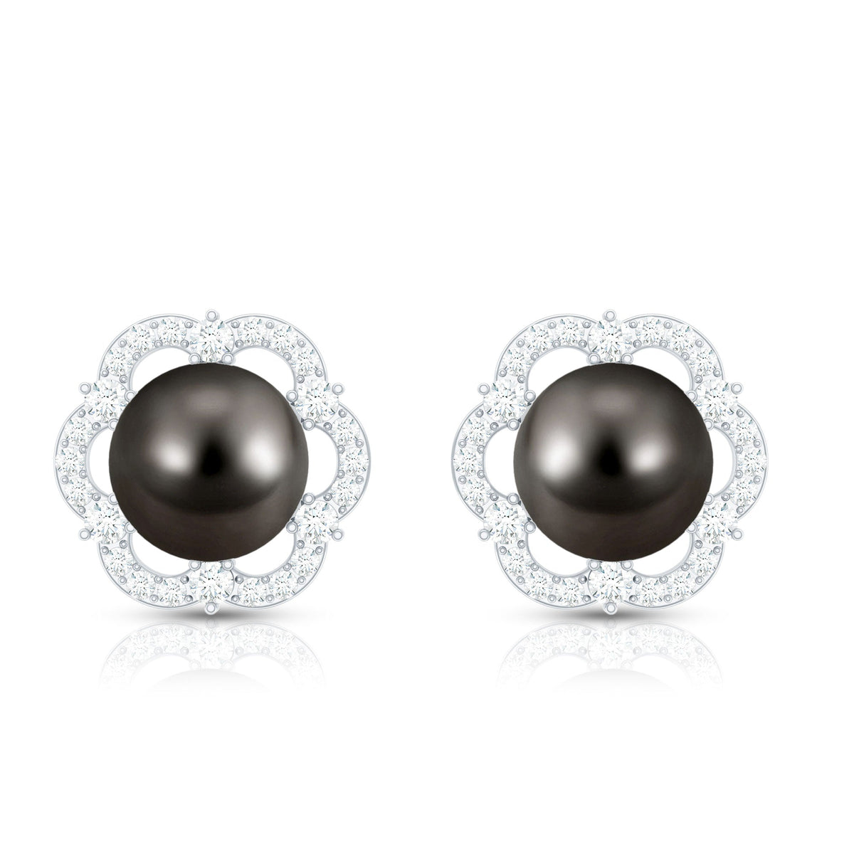 Tahitian black pearl and diamond flower stud earrings by Rosec Jewels featuring 15-carat pearls and sparkling diamonds.