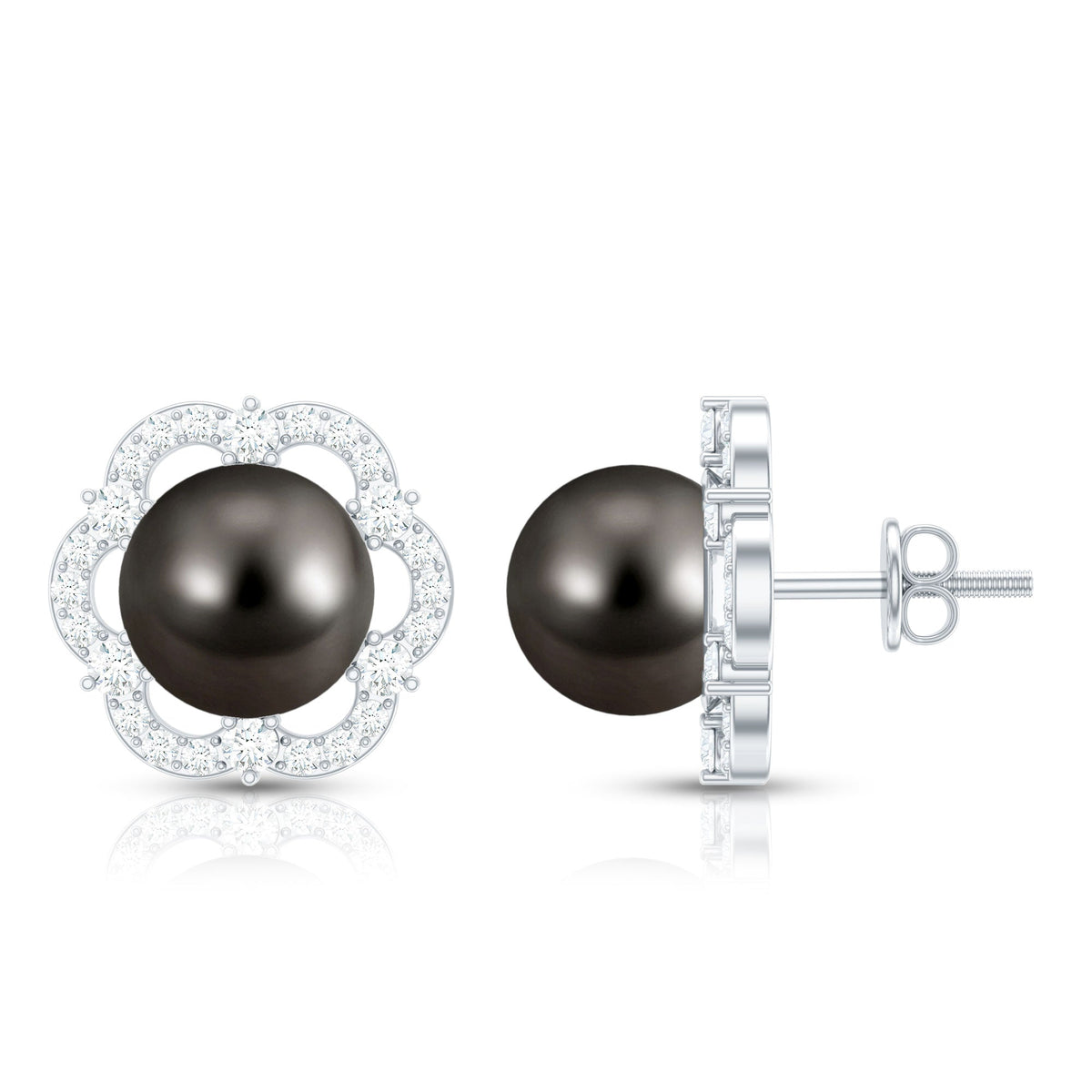 Tahitian black pearl and diamond flower stud earrings by Rosec Jewels featuring 15-carat black pearls and sparkling diamonds.