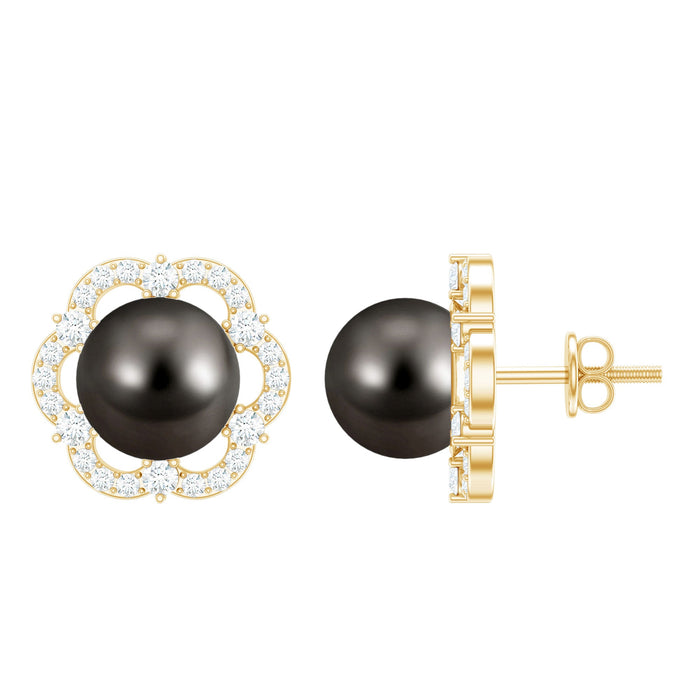 Tahitian black pearl and diamond flower stud earrings by Rosec Jewels featuring elegant black pearls with sparkling diamonds