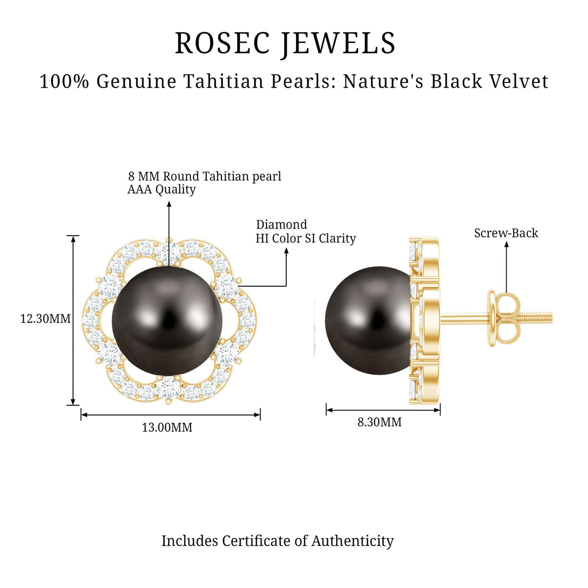 Tahitian black pearl and diamond flower stud earrings by Rosec Jewels featuring 15 carats of elegant jewelry design