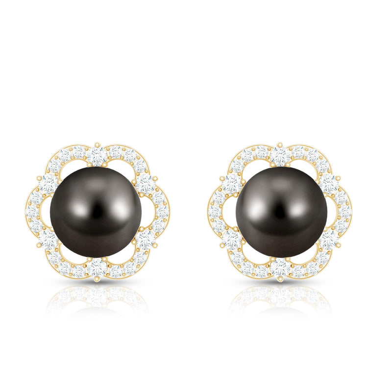 Tahitian black pearl and diamond flower stud earrings by Rosec Jewels, showcasing elegant jewelry design with pearls and sparkling diamonds.
