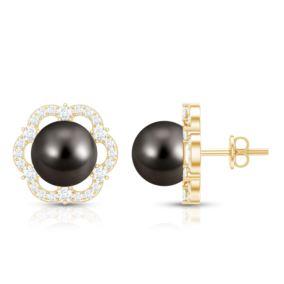Tahitian black pearl and diamond flower stud earrings by Rosec Jewels, featuring elegant black pearls and sparkling diamonds.