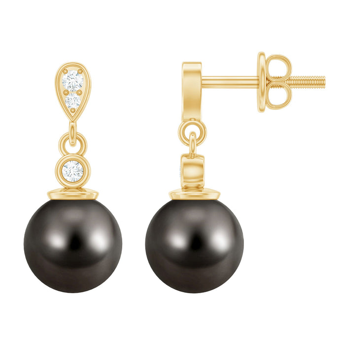 Tahitian pearl drop earrings with diamonds by Rosec Jewels, featuring 15-carat black pearls and sparkling diamond accents.