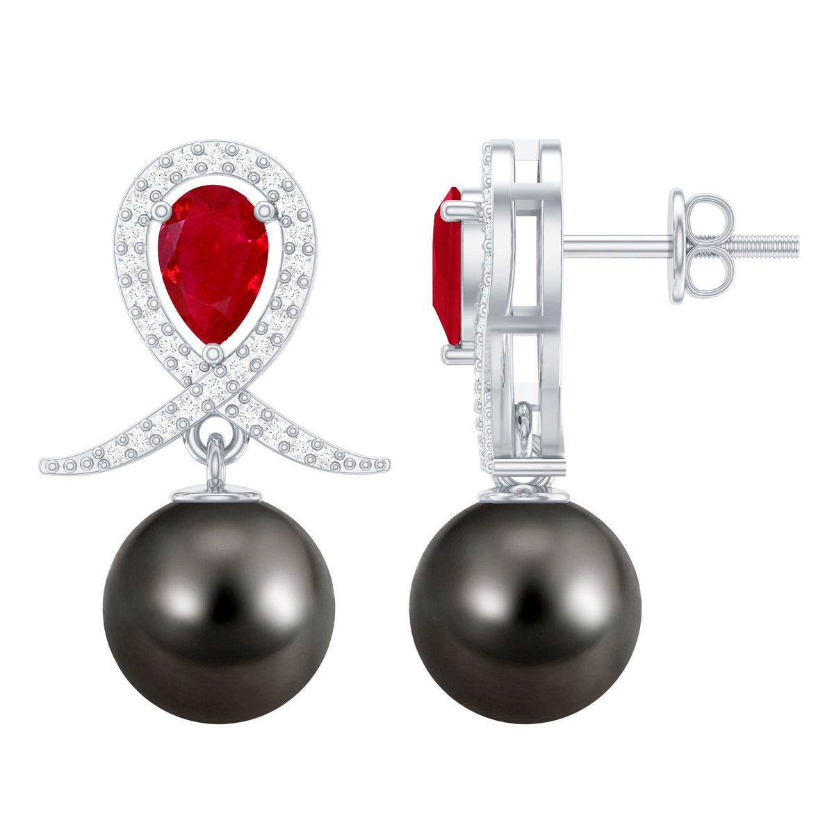 Vintage style Tahitian black pearl bridal earrings with ruby accents, crafted by Rosec Jewels, featuring elegant and intricate design.