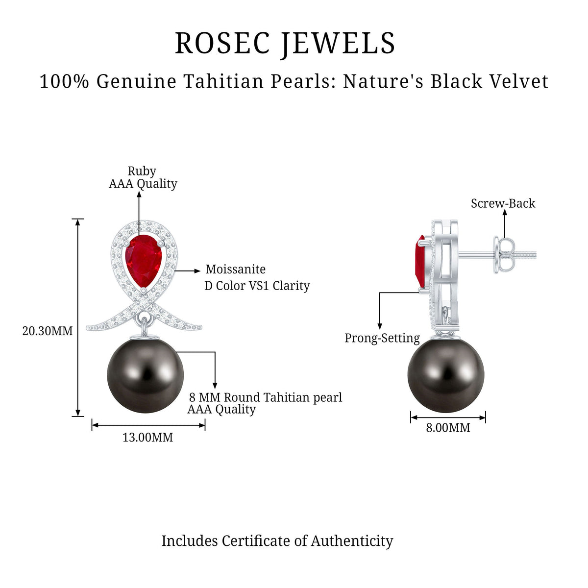 Vintage style Tahitian black pearl bridal earrings with ruby accents from Rosec Jewels, featuring elegant dangle design.