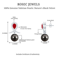 Vintage style Tahitian black pearl bridal earrings with ruby accents from Rosec Jewels, featuring elegant dangle design.