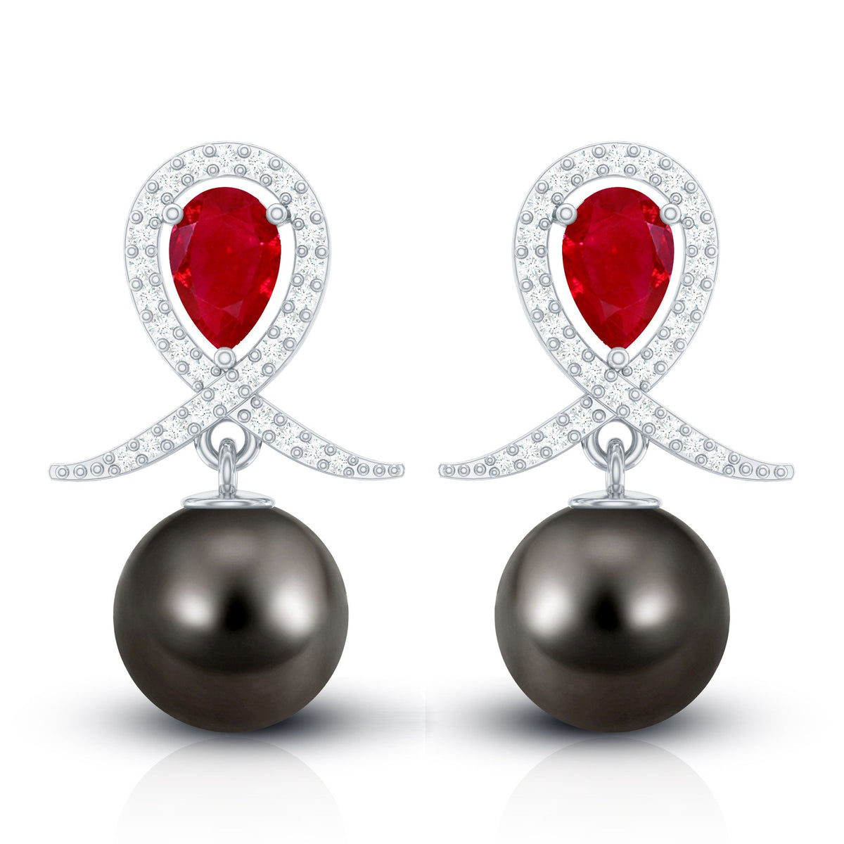 Vintage style Tahitian black pearl bridal earrings with rubies from Rosec Jewels, featuring elegant black pearls and sparkling rubies.