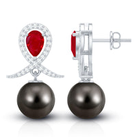 Vintage style Tahitian black pearl and ruby bridal earrings by Rosec Jewels featuring elegant drop design.