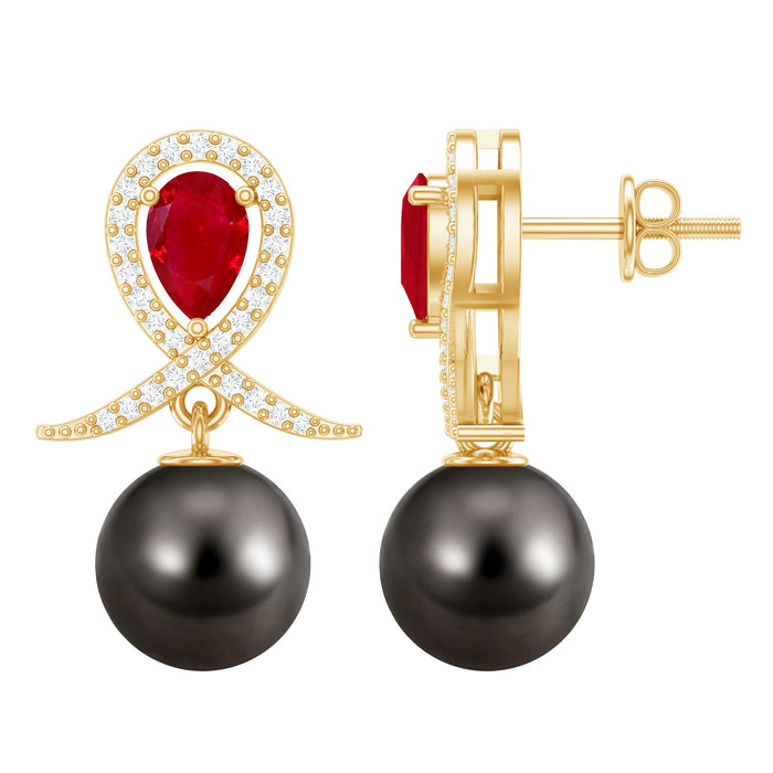 Vintage style Tahitian black pearl and ruby bridal earrings by Rosec Jewels, featuring elegant pearl drops with ruby accents.