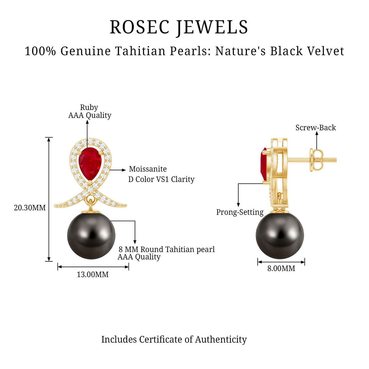 Vintage style Tahitian black pearl bridal earrings with rubies by Rosec Jewels, featuring elegant pearl and gemstone design.