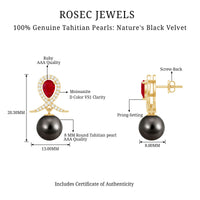 Vintage style Tahitian black pearl bridal earrings with rubies by Rosec Jewels, featuring elegant pearl and gemstone design.