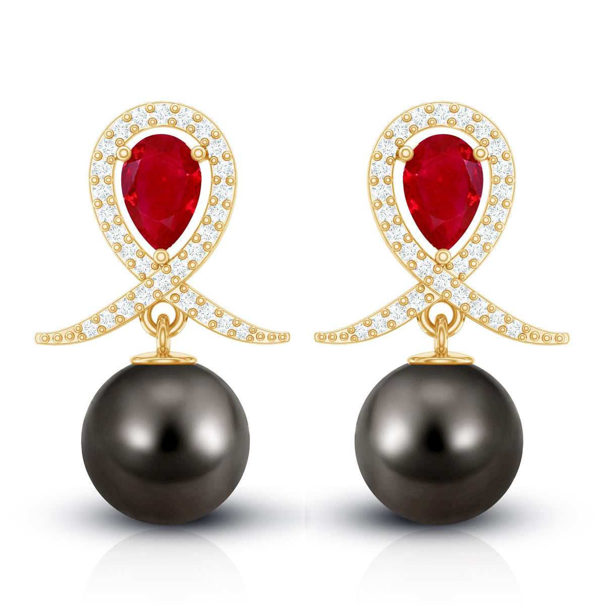 Vintage style Tahitian black pearl bridal earrings with ruby accents, crafted by Rosec Jewels.