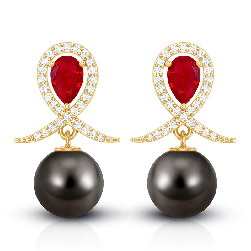 Vintage style Tahitian black pearl bridal earrings with ruby accents, crafted by Rosec Jewels.