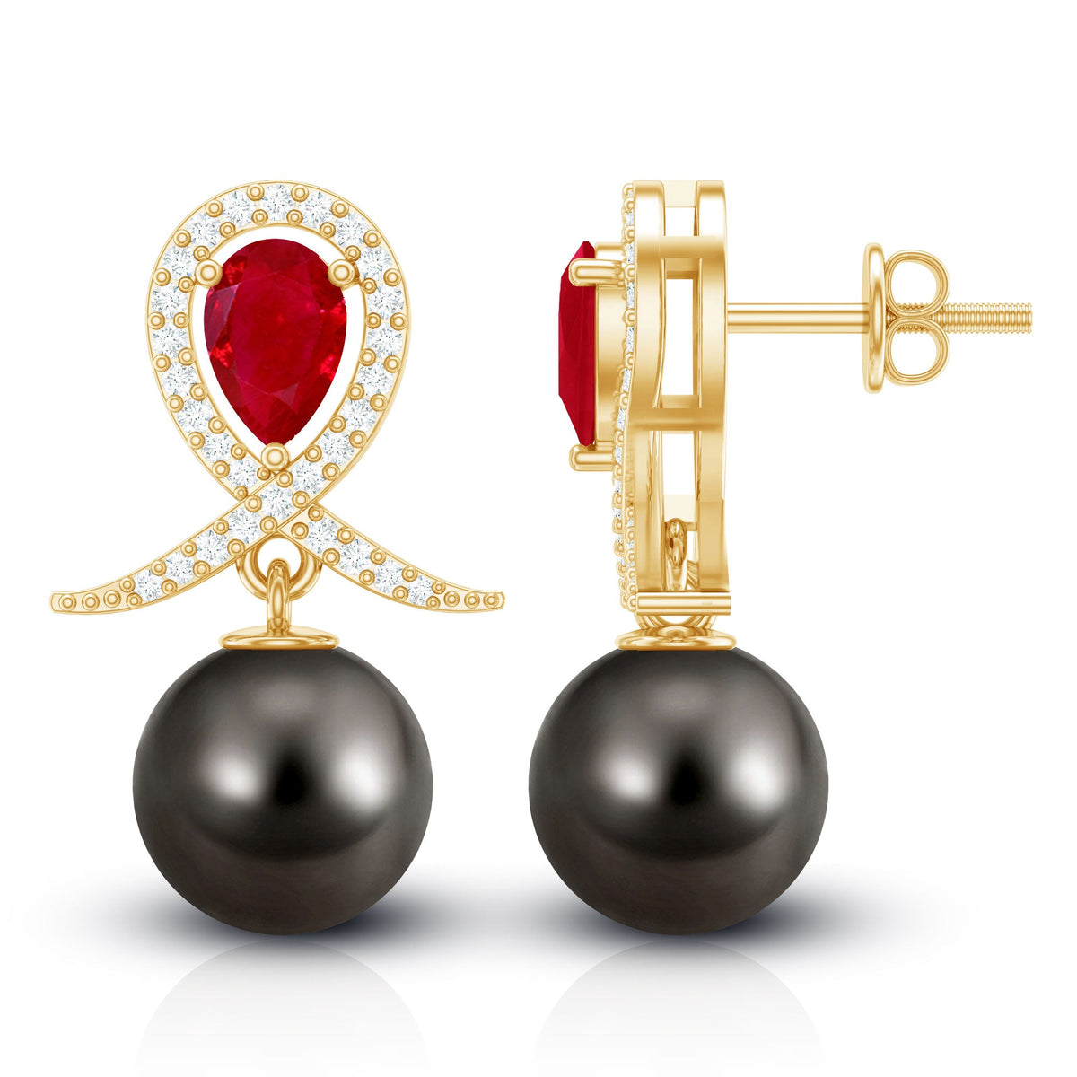 Vintage Tahitian black pearl bridal earrings with ruby accents by Rosec Jewels, featuring elegant pearl and gemstone design.