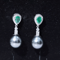 Genuine Black Pearl Wedding Earrings with Emerald and Diamond