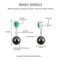 Genuine Black Pearl Wedding Earrings with Emerald and Diamond
